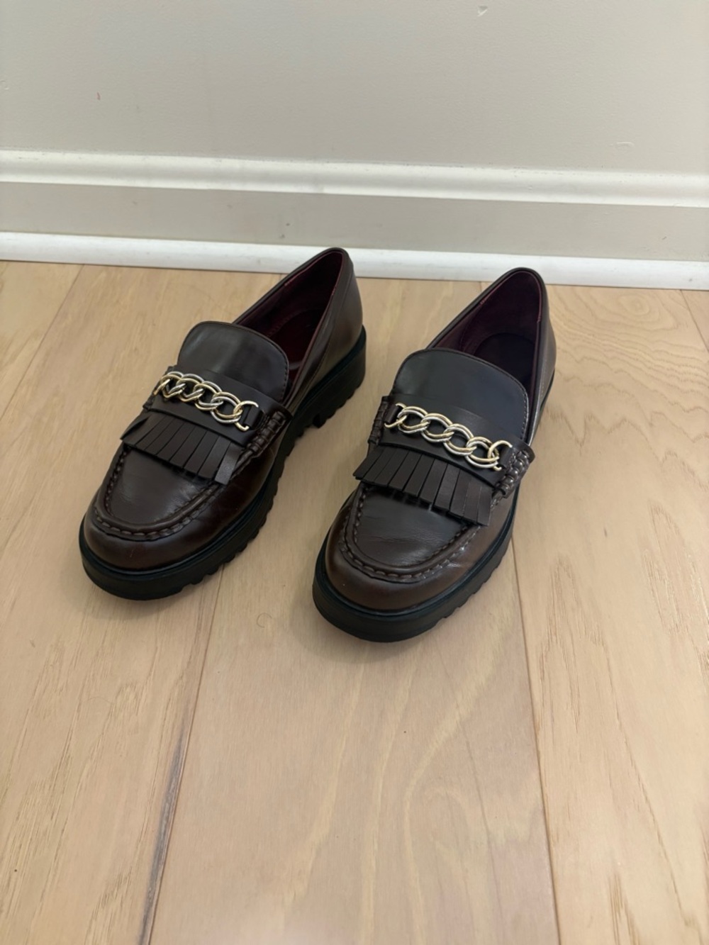 Women’s Brown Fringe Loafers with Chain Detail